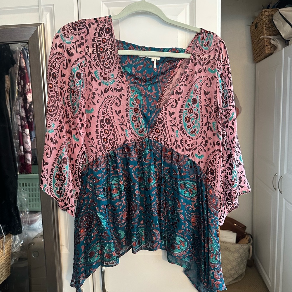 Free People Pink and Teal Paisley Blouse
